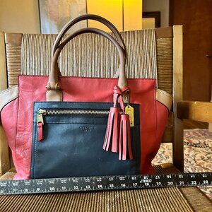 Coach Colorblock Legacy Tote,  Large 13x10x4.5 red, navy, tan